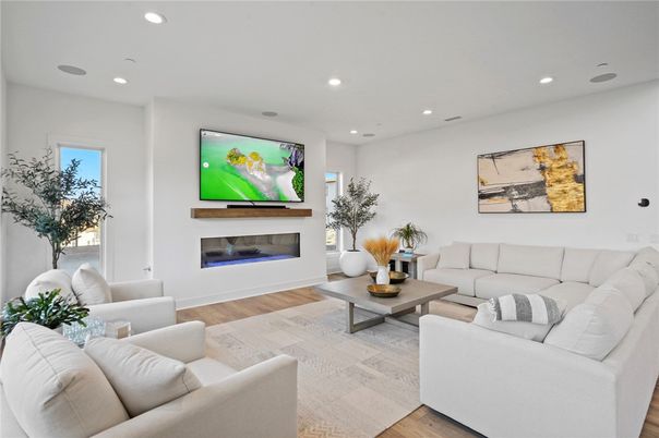 Fireplace, Interior, Living room, Recessed Lighting, Wood Texture Flooring