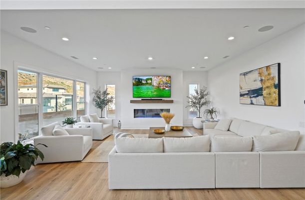 Fireplace, Interior, Living room, Recessed Lighting, Wood Texture Flooring