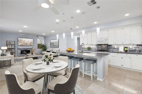 Dining room, Fireplace, Interior, Kitchen, Living room, Pendant Lights, Recessed Lighting