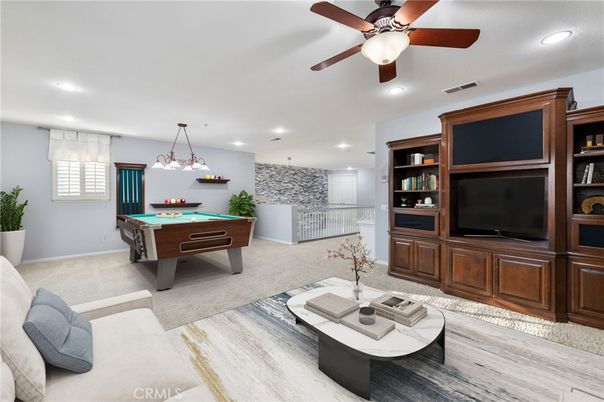 Billiard Table, Game Room, Interior, Living room, Pendant Lights, Recessed Lighting, Wood Texture Flooring