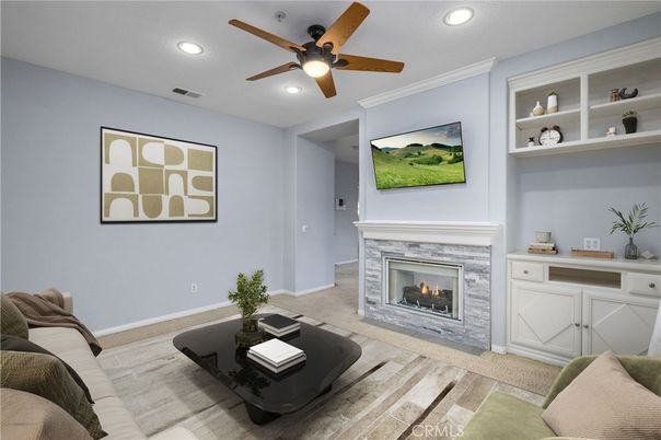 Fireplace, Interior, Recessed Lighting, Wood Texture Flooring