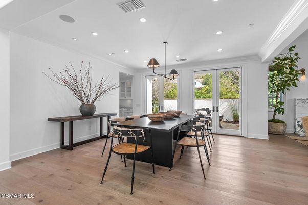 Dining room, Interior, Pendant Lights, Recessed Lighting, Wood Texture Flooring