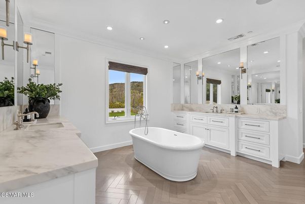 Bathroom, Dual Sink Vanities, Free Standing Baths, Interior, Recessed Lighting, Wood Texture Flooring