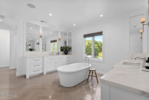 Bathroom, Dual Sink Vanities, Free Standing Baths, Interior, Recessed Lighting, Wood Texture Flooring