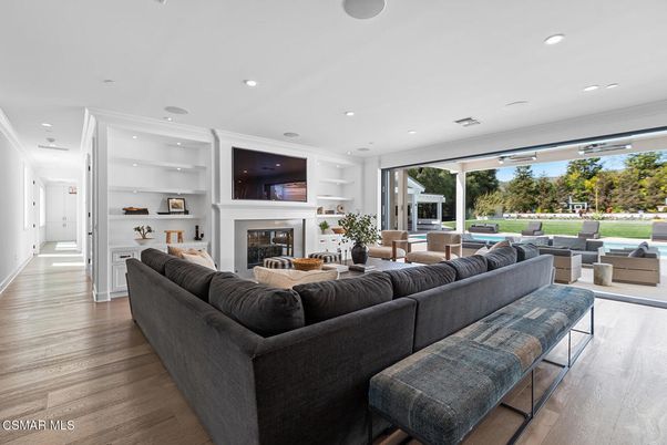 Fireplace, Interior, Living room, Recessed Lighting, Wood Texture Flooring