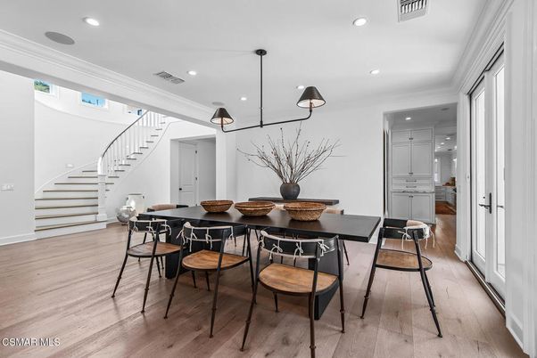 Dining room, Interior, Pendant Lights, Recessed Lighting, Wood Texture Flooring