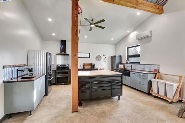 Interior, Kitchen, Recessed Lighting, Stainless Steel Appliances, Wooden Beams