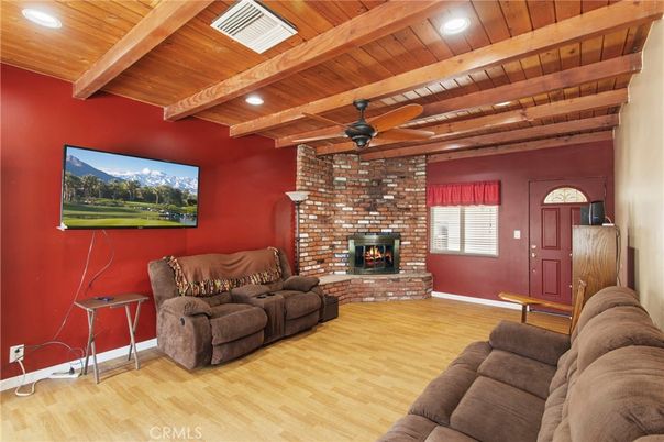 Fireplace, Interior, Living room, Recessed Lighting, Stone Walls, Wooden Beams, Wooden Ceilings, Wood Texture Flooring