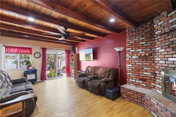 Fireplace, Interior, Living room, Recessed Lighting, Stone Walls, Wooden Beams, Wooden Ceilings, Wood Texture Flooring