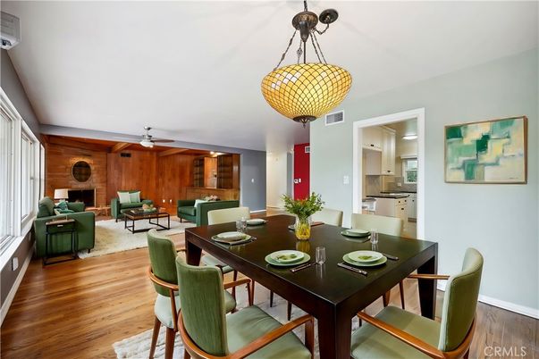 Dining room, Fireplace, Interior, Kitchen, Living room, Stone Walls, Wood Texture Flooring