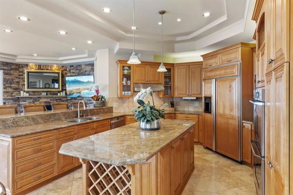 Interior, Kitchen, Pendant Lights, Recessed Lighting, Stainless Steel Appliances, Stone Walls