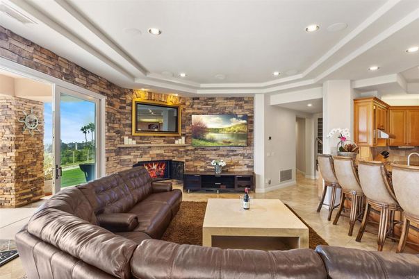 Fireplace, Interior, Living room, Recessed Lighting, Stone Walls