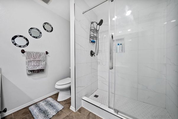 Bathroom, Glass Shower, Interior, Marble Walls, Recessed Lighting