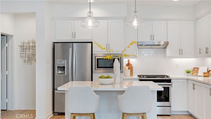 Interior, Kitchen, Pendant Lights, Stainless Steel Appliances, Wood Texture Flooring