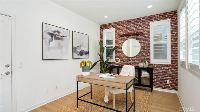 Home Office, Interior, Recessed Lighting, Stone Walls, Wood Texture Flooring