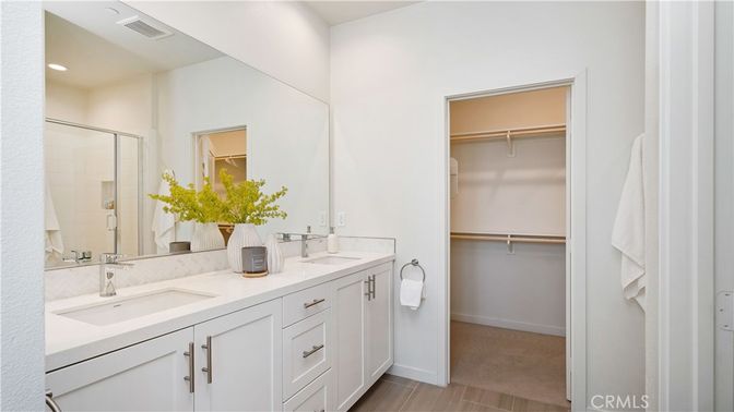 Bathroom, Dual Sink Vanities, Interior, Recessed Lighting, Walk-in Closets, Wood Texture Flooring