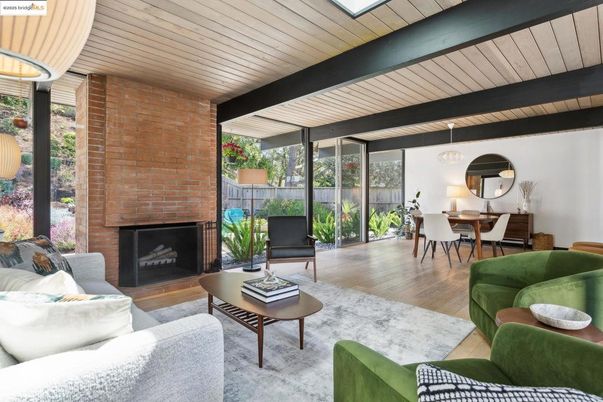 Dining room, Fireplace, Interior, Living room, Stone Walls, Wooden Ceilings, Wood Texture Flooring