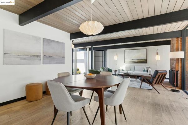 Dining room, Interior, Living room, Pendant Lights, Wooden Beams, Wooden Ceilings, Wood Texture Flooring
