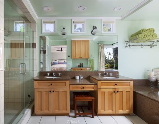 Bathroom, Dual Sink Vanities, Glass Shower, Interior, Recessed Lighting