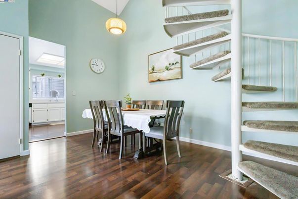 Dining room, Interior, Pendant Lights, Wood Texture Flooring
