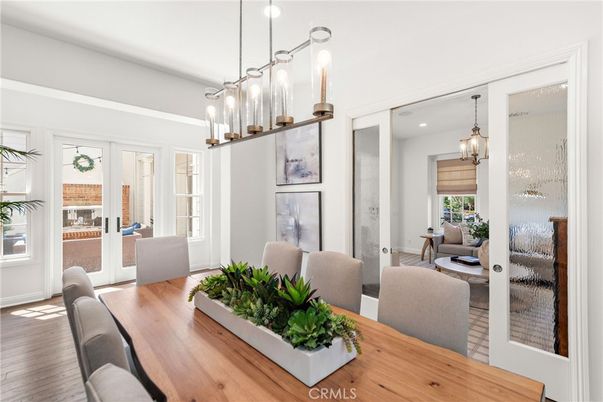 Dining room, Interior, Living room, Pendant Lights, Recessed Lighting, Wood Texture Flooring