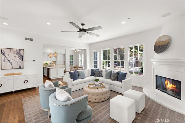 Fireplace, Interior, Living room, Pendant Lights, Recessed Lighting, Wood Texture Flooring