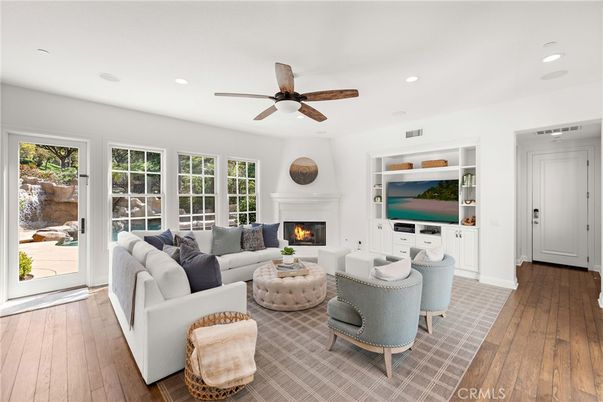 Fireplace, Interior, Living room, Recessed Lighting, Wood Texture Flooring