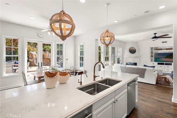 Dining room, Fireplace, Interior, Kitchen, Living room, Pendant Lights, Recessed Lighting, Wood Texture Flooring