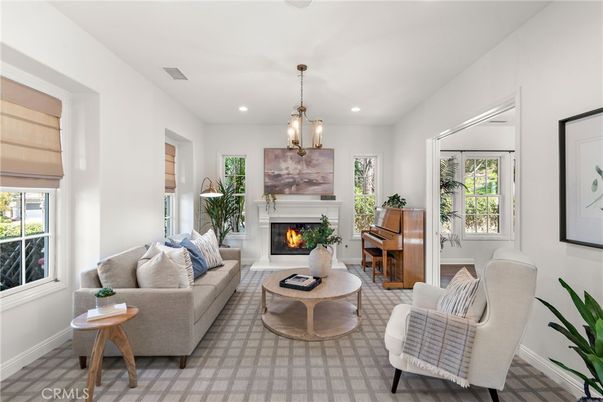 Fireplace, Interior, Living room, Pendant Lights, Piano, Recessed Lighting, Wood Texture Flooring