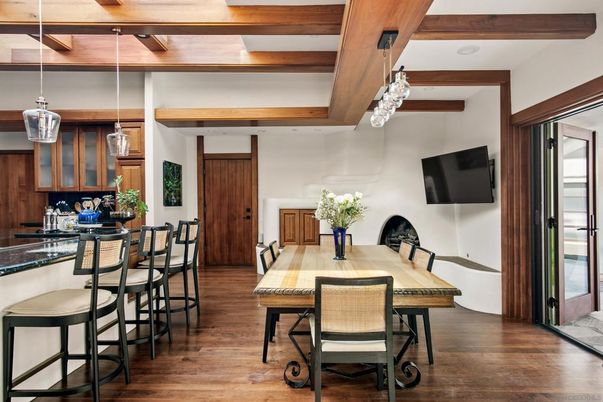 Dining room, Fireplace, Interior, Pendant Lights, Wooden Beams, Wood Texture Flooring