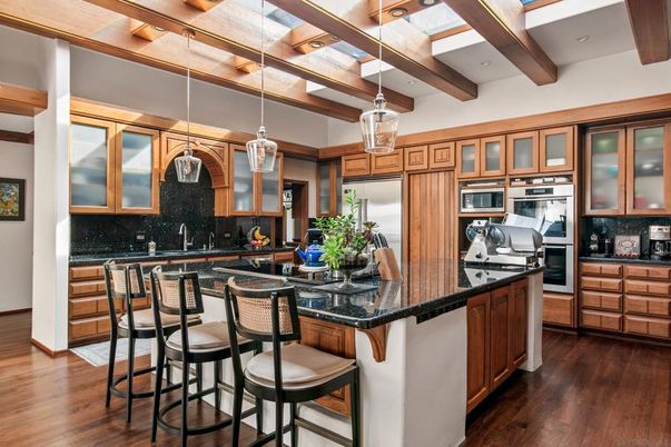 Interior, Kitchen, Pendant Lights, Recessed Lighting, Stainless Steel Appliances, Wooden Beams, Wood Texture Flooring