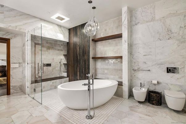 Bathroom, Free Standing Baths, Glass Shower, Interior, Marble Walls, Pendant Lights, Recessed Lighting