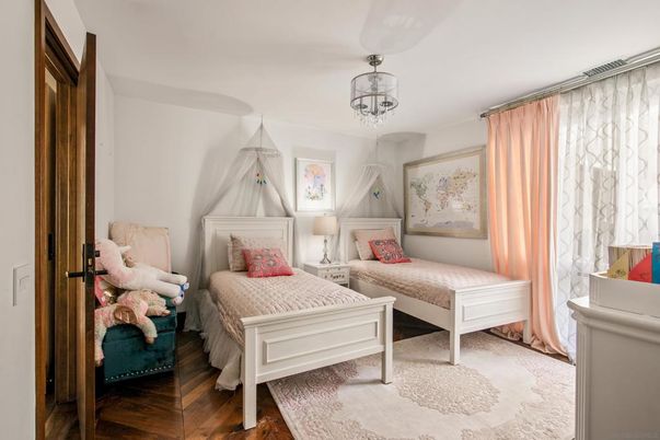 Bedroom, Chandelier, Interior, Wood Texture Flooring