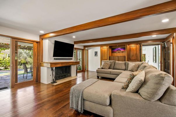 Fireplace, Interior, Living room, Recessed Lighting, Wooden Beams, Wood Texture Flooring