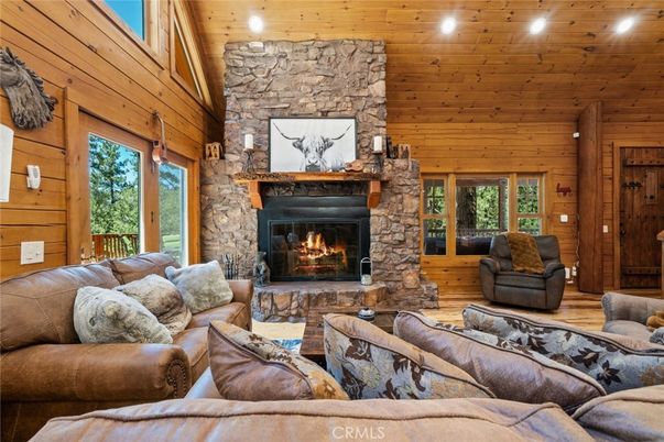 Fireplace, Interior, Living room, Recessed Lighting, Stone Walls, Wooden Ceilings, Wooden Walls
