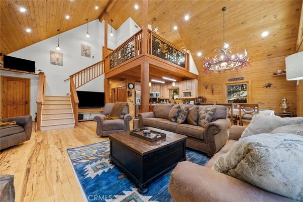 Chandelier, Dining room, Interior, Kitchen, Living room, Recessed Lighting, Wooden Beams, Wooden Ceilings, Wood Texture Flooring, Wooden Walls
