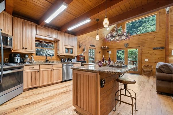 Chandelier, Interior, Kitchen, Pendant Lights, Stainless Steel Appliances, Wooden Beams, Wooden Ceilings, Wood Texture Flooring, Wooden Walls