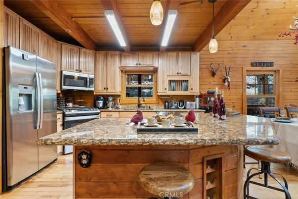 Interior, Kitchen, Pendant Lights, Stainless Steel Appliances, Wooden Beams, Wooden Ceilings, Wood Texture Flooring, Wooden Walls