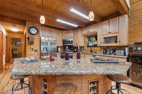 Interior, Kitchen, Pendant Lights, Stainless Steel Appliances, Wooden Beams, Wooden Ceilings, Wood Texture Flooring, Wooden Walls