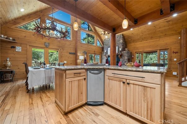 Dining room, Interior, Kitchen, Pendant Lights, Recessed Lighting, Wooden Beams, Wooden Ceilings, Wood Texture Flooring, Wooden Walls