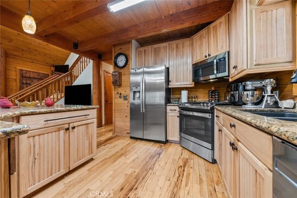 Interior, Kitchen, Pendant Lights, Stainless Steel Appliances, Wooden Beams, Wooden Ceilings, Wood Texture Flooring, Wooden Walls