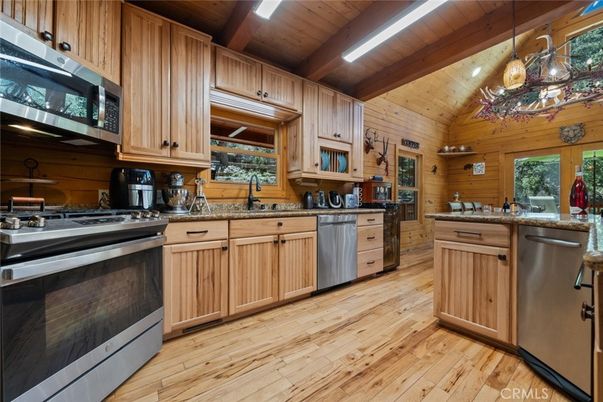 Interior, Kitchen, Pendant Lights, Stainless Steel Appliances, Wooden Beams, Wooden Ceilings, Wood Texture Flooring, Wooden Walls