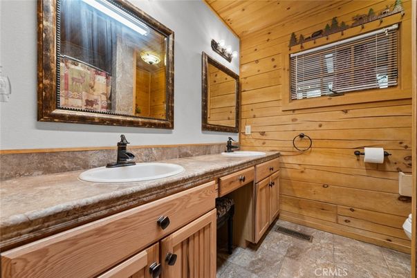 Bathroom, Dual Sink Vanities, Interior, Wooden Ceilings, Wooden Walls