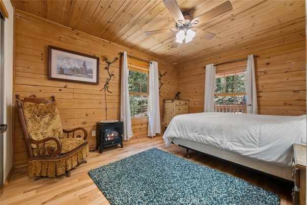 Bedroom, Fireplace, Interior, Wooden Ceilings, Wood Texture Flooring, Wooden Walls