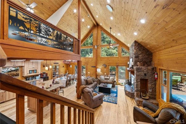 Dining room, Fireplace, Interior, Living room, Pendant Lights, Recessed Lighting, Wooden Beams, Wooden Ceilings, Wood Texture Flooring, Wooden Walls