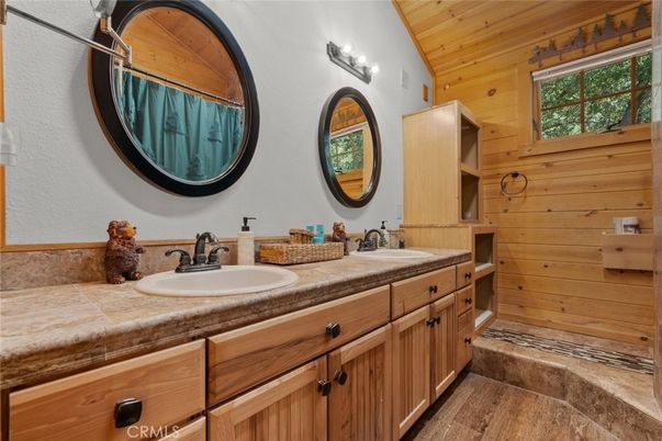 Bathroom, Dual Sink Vanities, Interior, Tile Countertops, Wooden Ceilings, Wood Texture Flooring, Wooden Walls