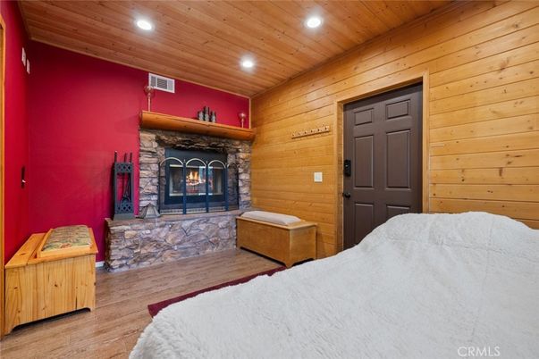 Bedroom, Fireplace, Interior, Recessed Lighting, Wooden Ceilings, Wood Texture Flooring, Wooden Walls