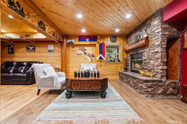 Fireplace, Interior, Recessed Lighting, Stone Walls, Wooden Ceilings, Wood Texture Flooring, Wooden Walls