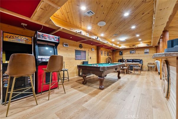 Billiard Table, Fireplace, Game Room, Interior, Recessed Lighting, Wooden Ceilings, Wood Texture Flooring, Wooden Walls
