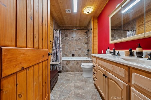 Bathroom, Dual Sink Vanities, Interior, Recessed Lighting, Wooden Ceilings